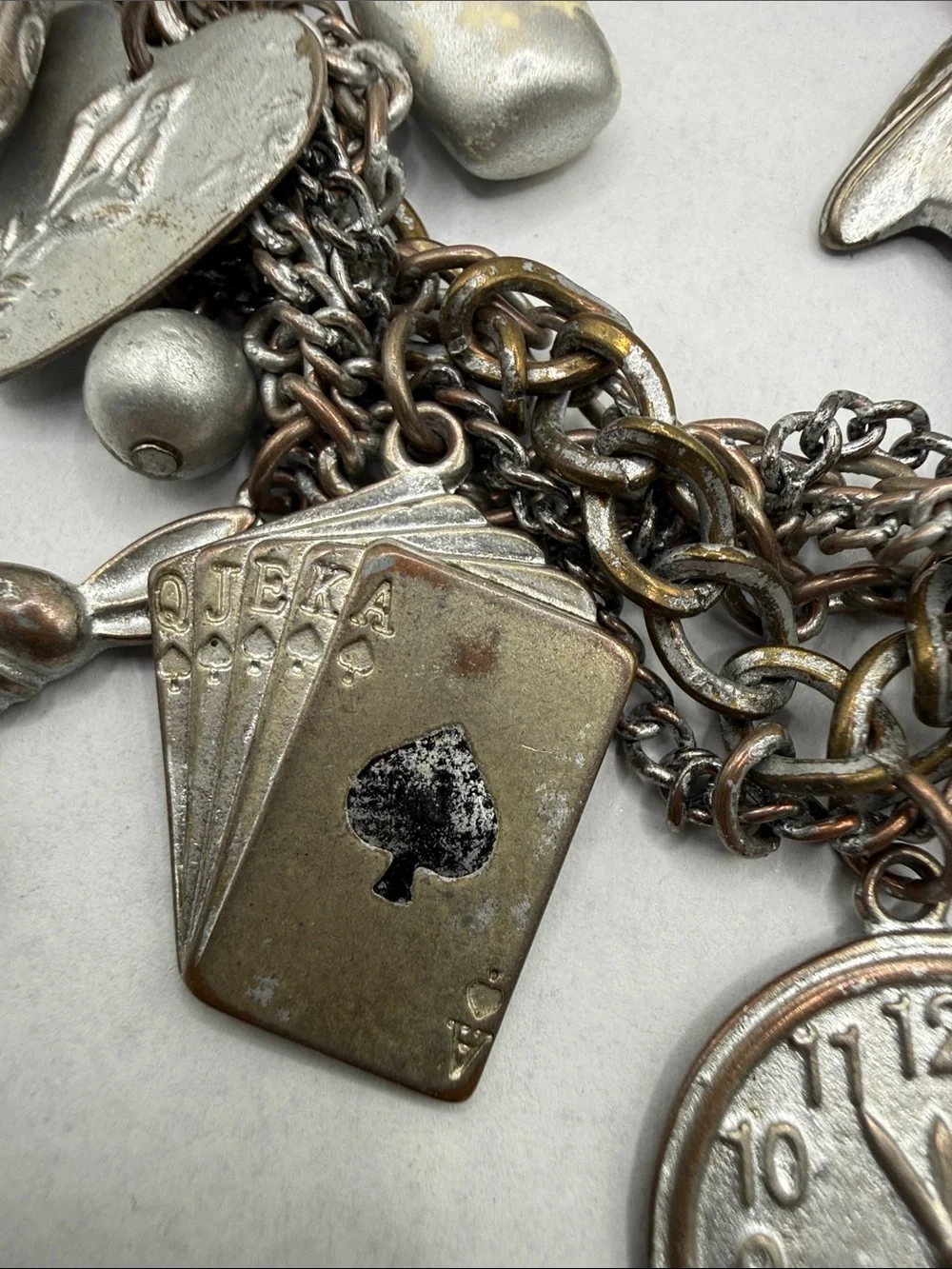 Alice & Wonderland Silver tone Charm Bracelet rabbit Playing Cards Charms as is
